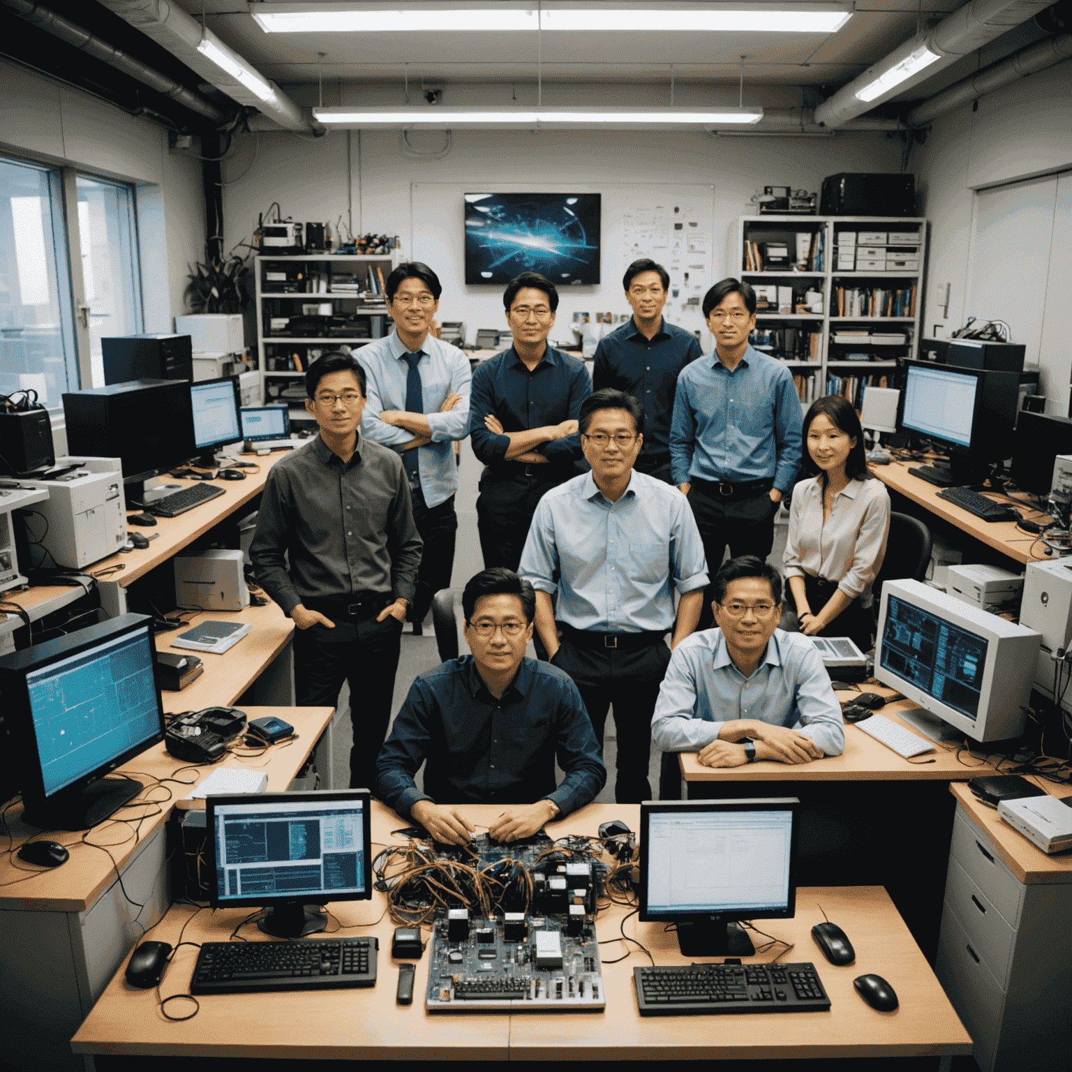 The Kawaki Electronics team in their office, surrounded by various electronic components and computer equipment. The image shows a diverse group of professionals working together in a modern, tech-focused environment.