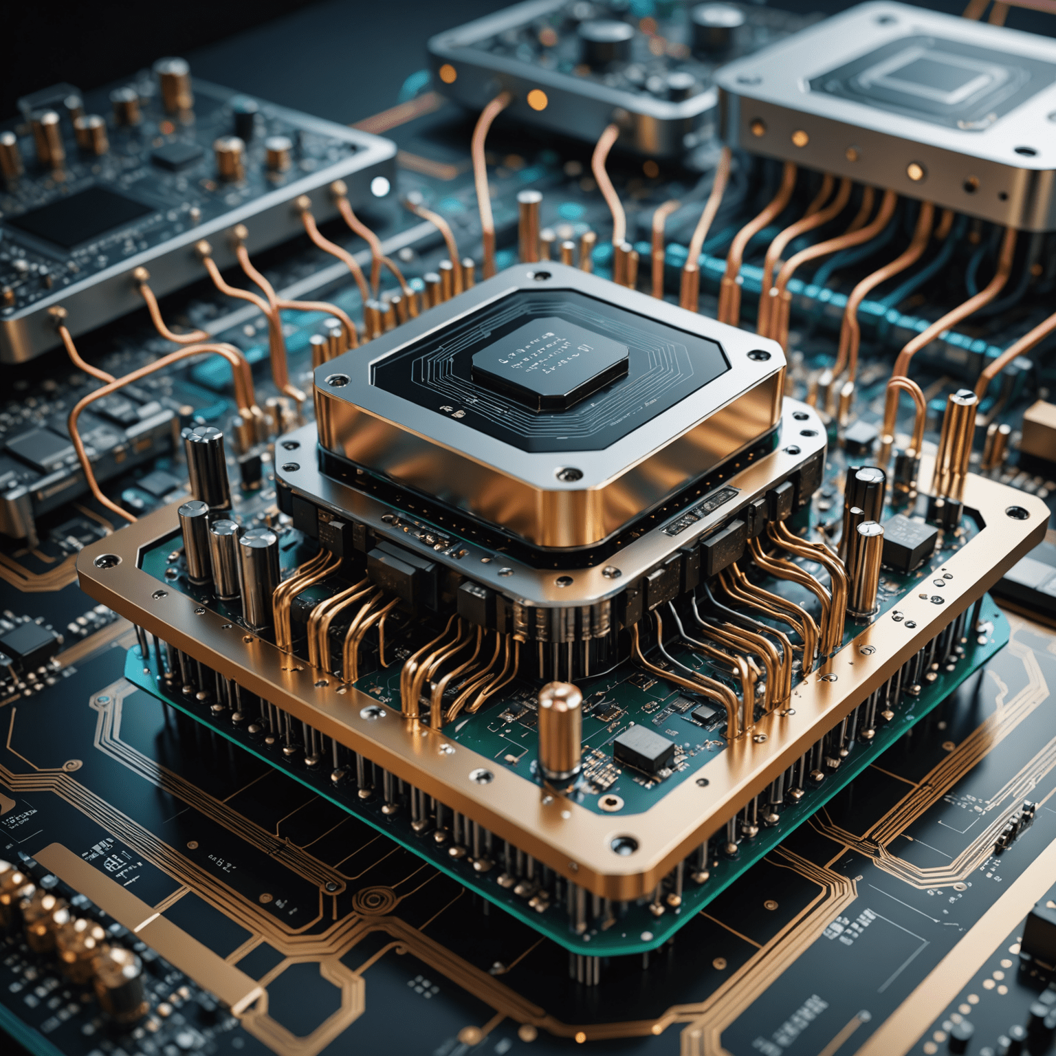 A futuristic representation of quantum computing, showing interconnected qubits and complex circuitry, symbolizing the advanced technology in electronics and computing.