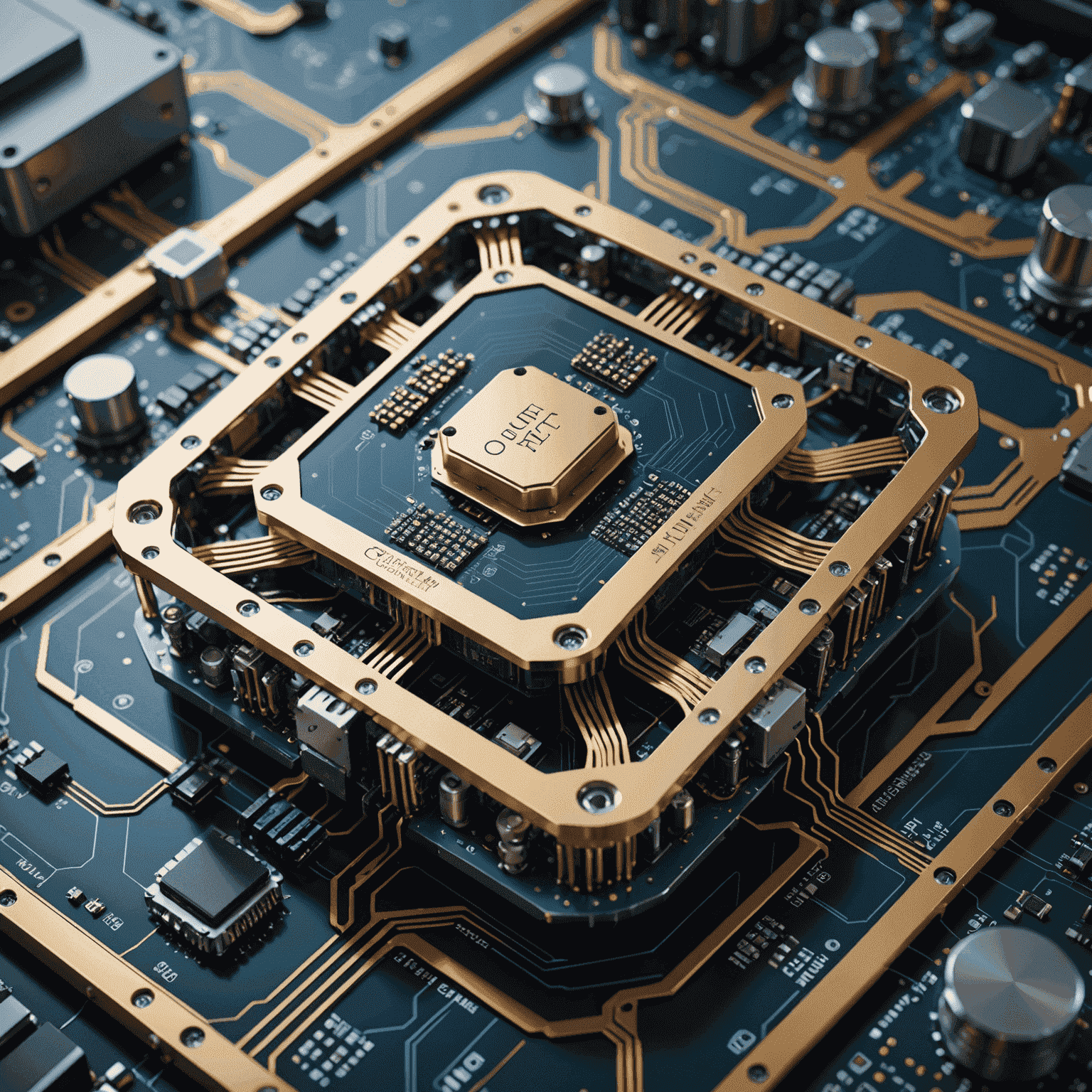 A futuristic representation of quantum computing, showing interconnected qubits and complex circuitry, symbolizing the advanced nature of quantum electronics