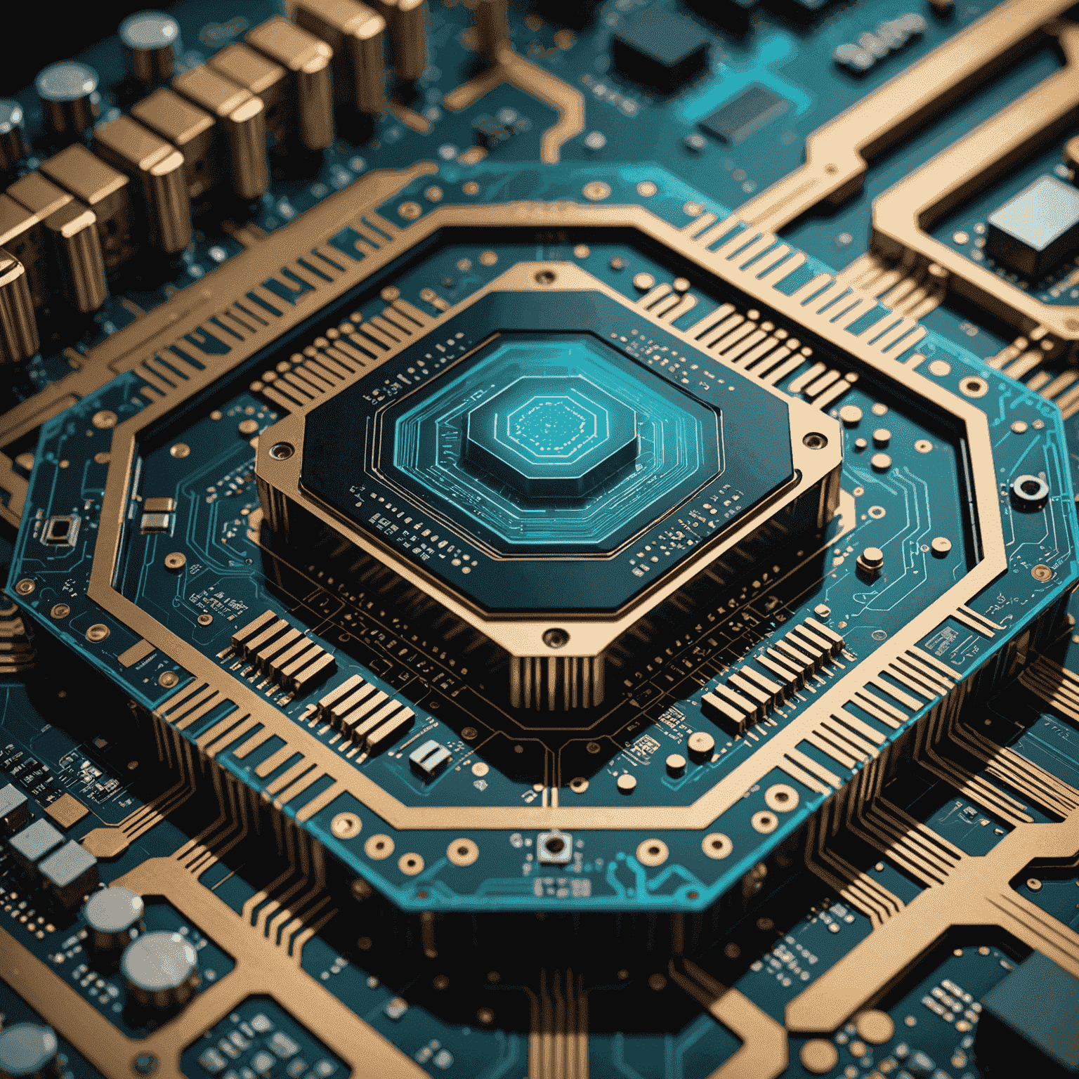 A futuristic representation of a quantum computer chip with glowing qubits and intricate circuitry, symbolizing the convergence of quantum computing and electronics