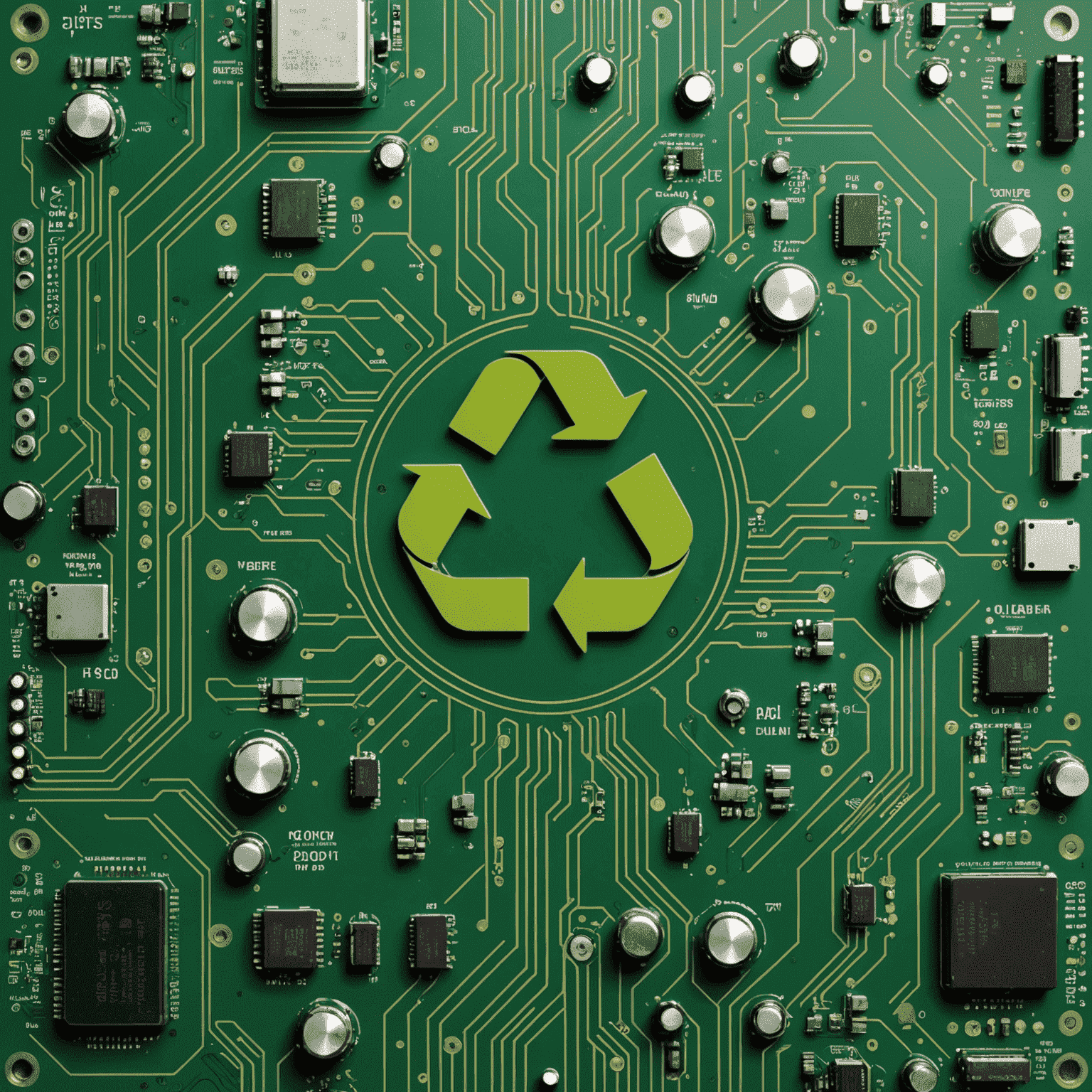 A modern electronic circuit board with visible green components and recycling symbols, representing sustainable electronics