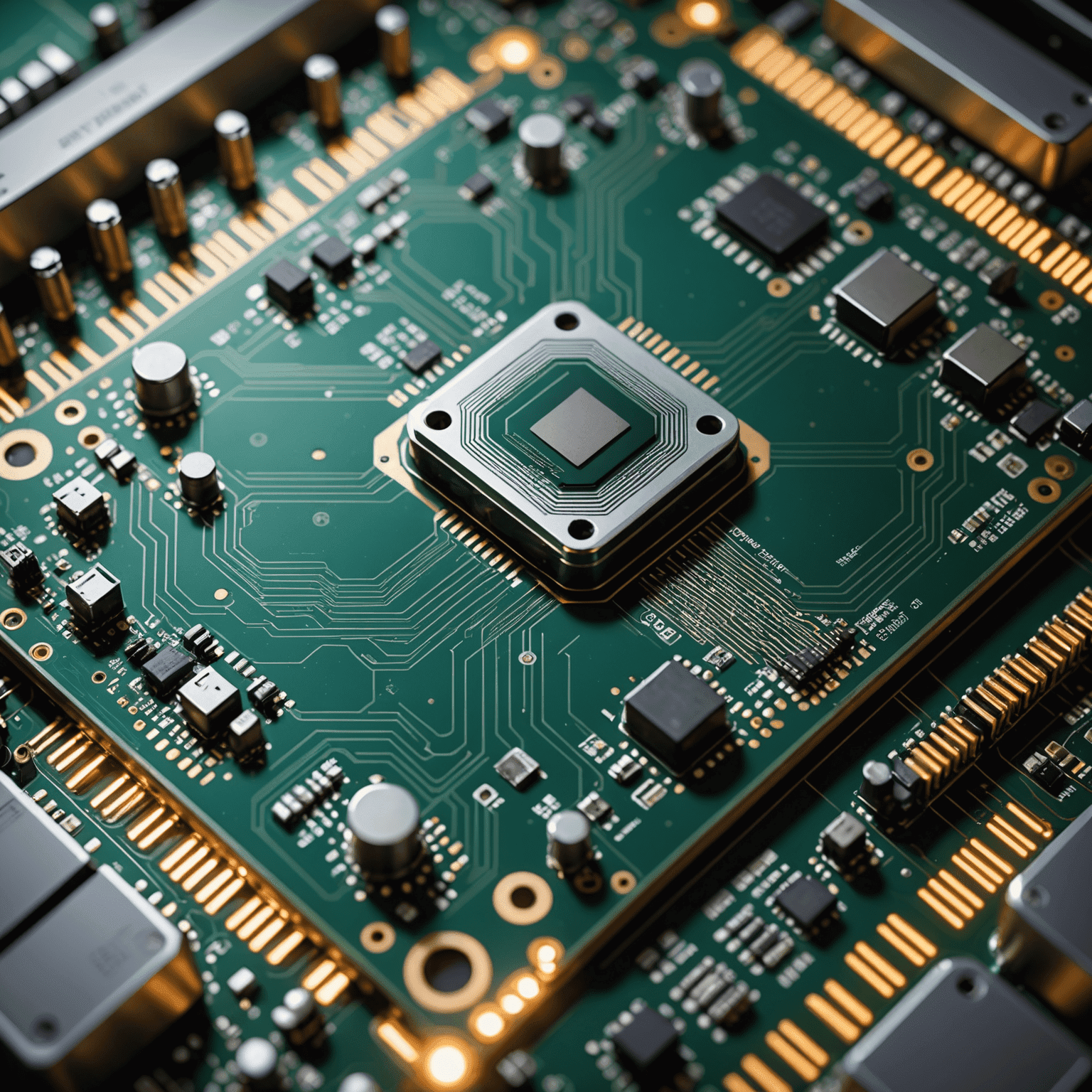 A futuristic circuit board with glowing AI nodes integrated into various electronic components, symbolizing the fusion of artificial intelligence and electronics