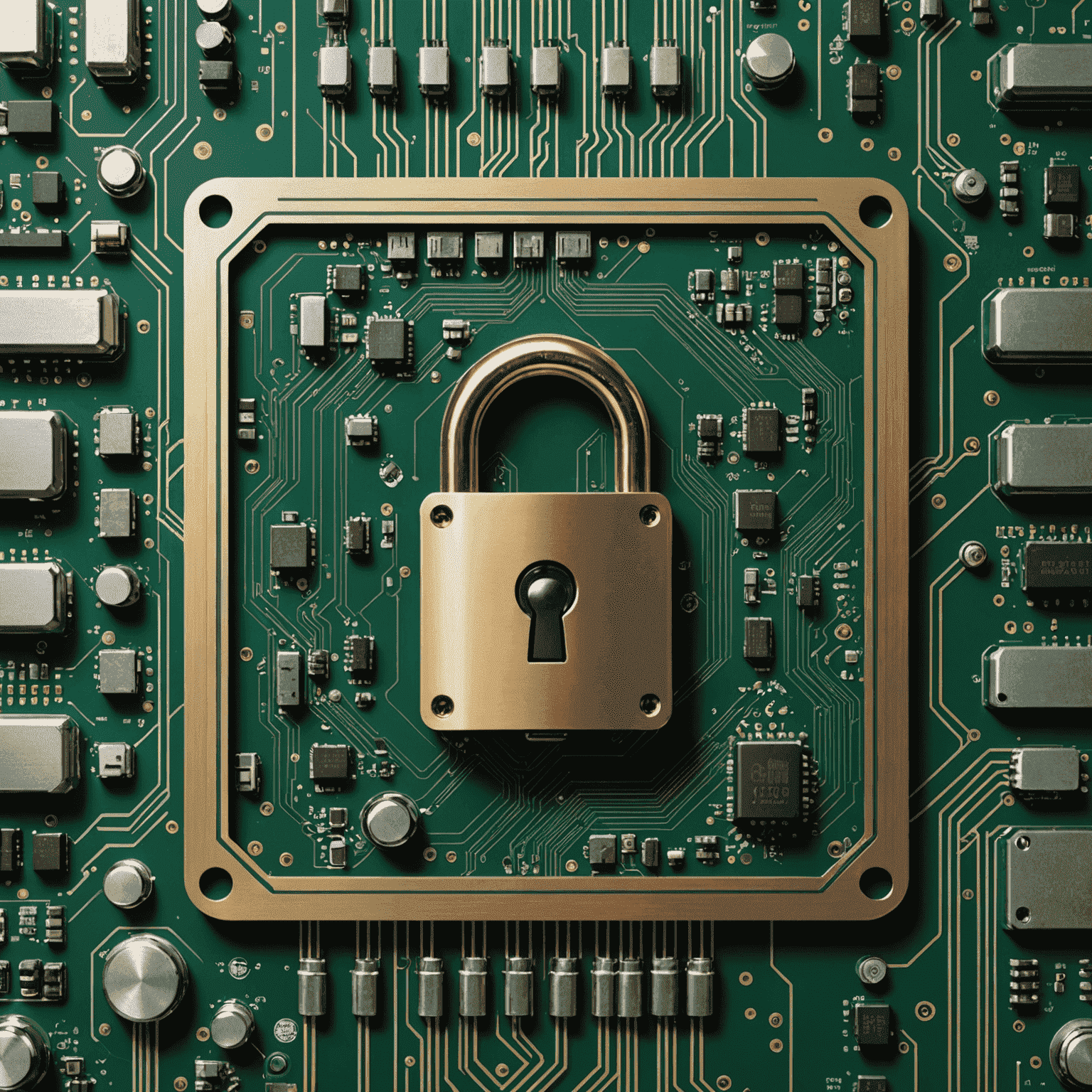 A complex circuit board with a digital lock icon overlay, representing cybersecurity in electronic components