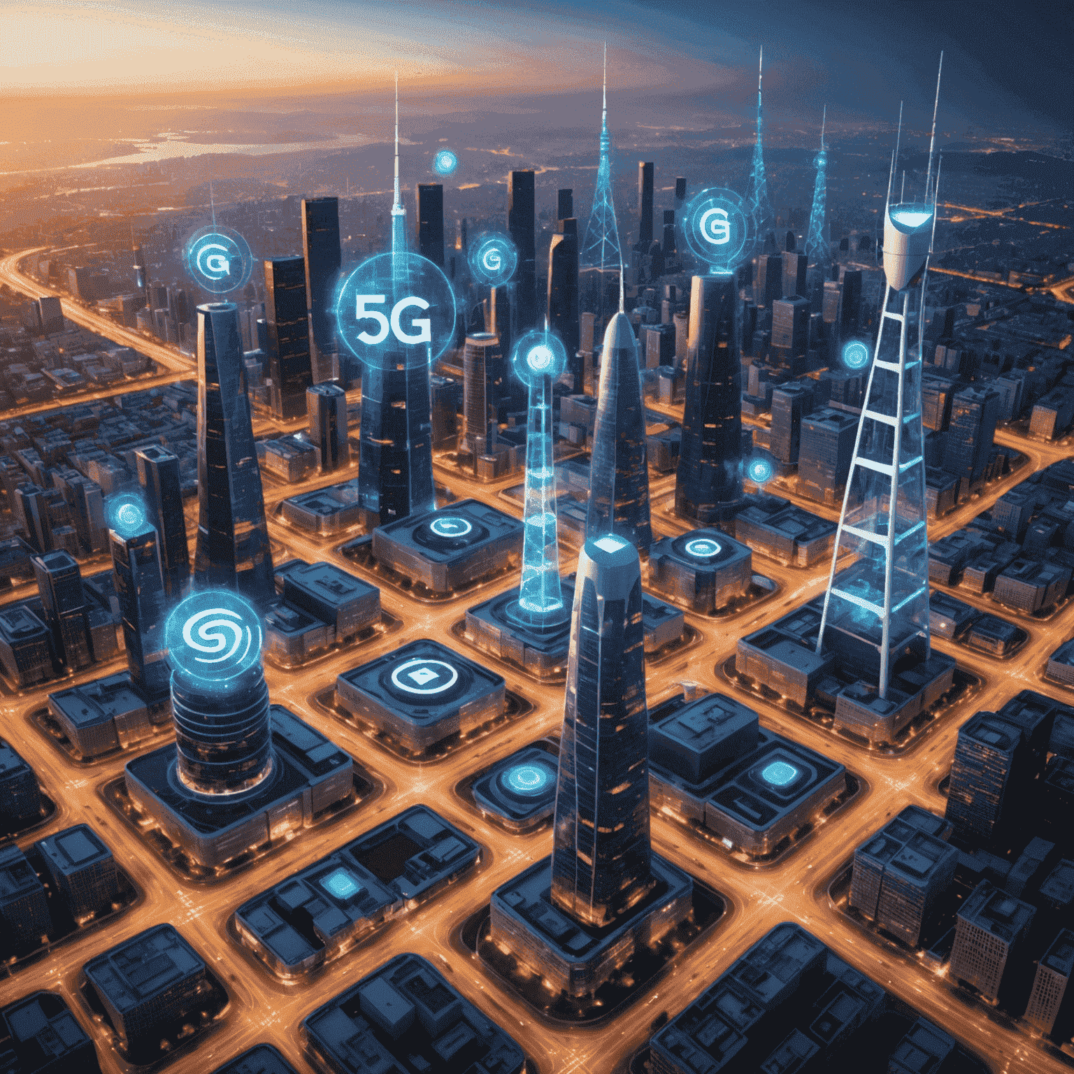 A visual representation of 5G technology, showing a network of connected devices, high-speed data streams, and advanced telecommunication towers, emphasizing the revolution in the telecom industry.