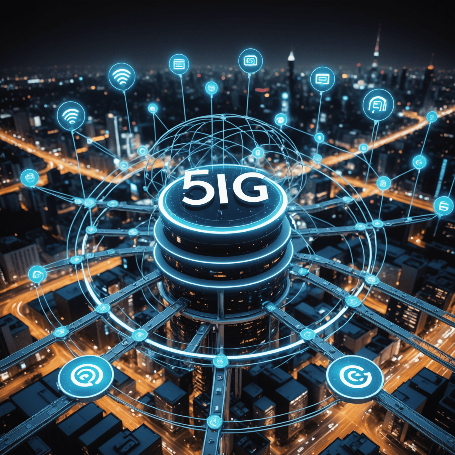 A visual representation of 5G network infrastructure, showing high-speed data transmission and connected devices, emphasizing the revolutionary impact on telecommunications