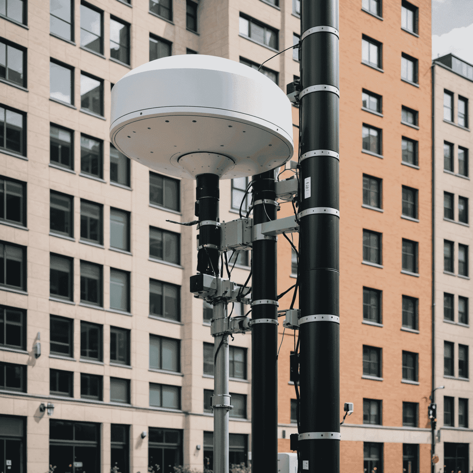 Close-up of 5G small cell and MIMO antenna installations on urban infrastructure, highlighting the compact and advanced nature of 5G hardware