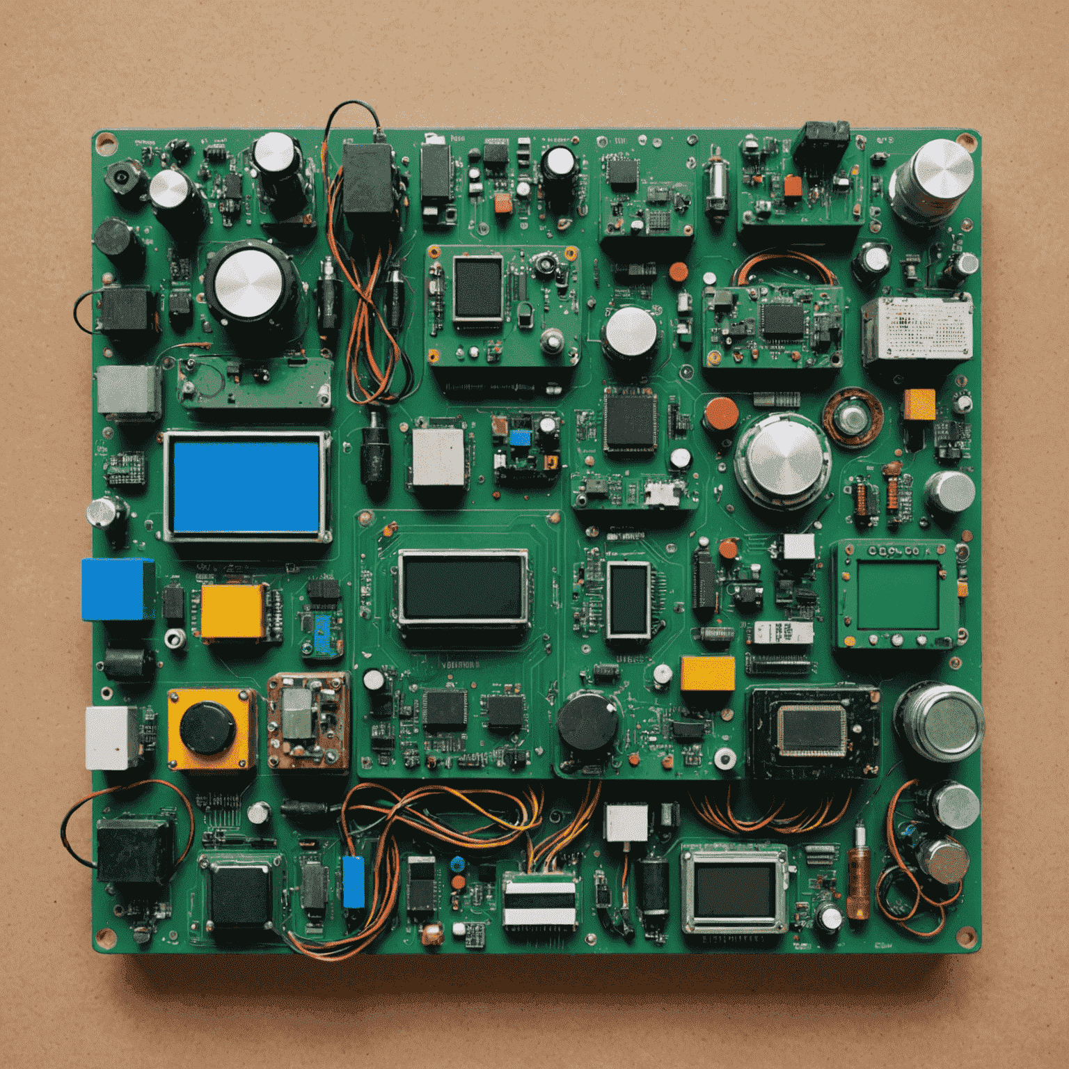 A collection of electronic components made from recycled materials, showcasing various colors and textures