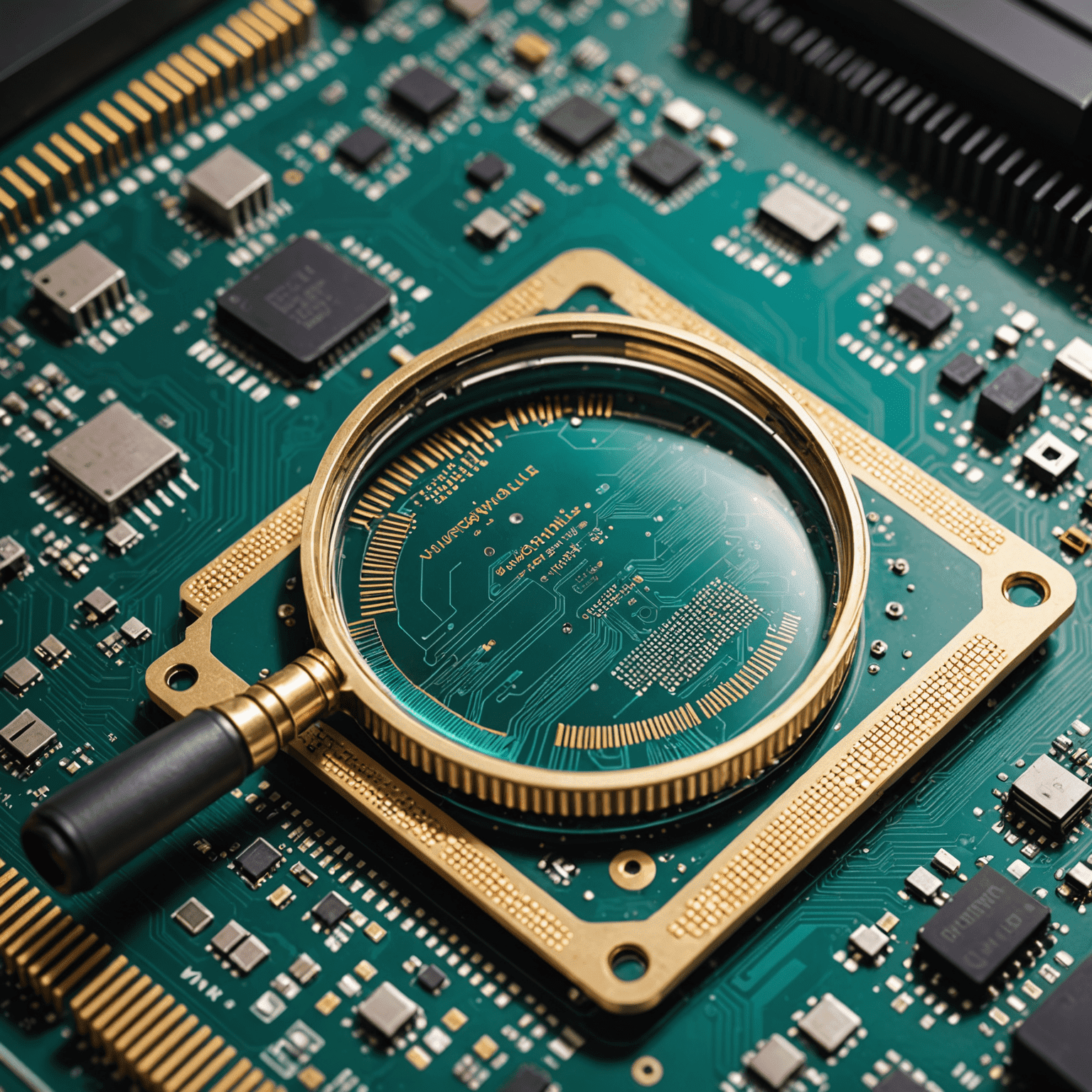 A magnifying glass examining a computer chip, highlighting the concept of hardware vulnerabilities