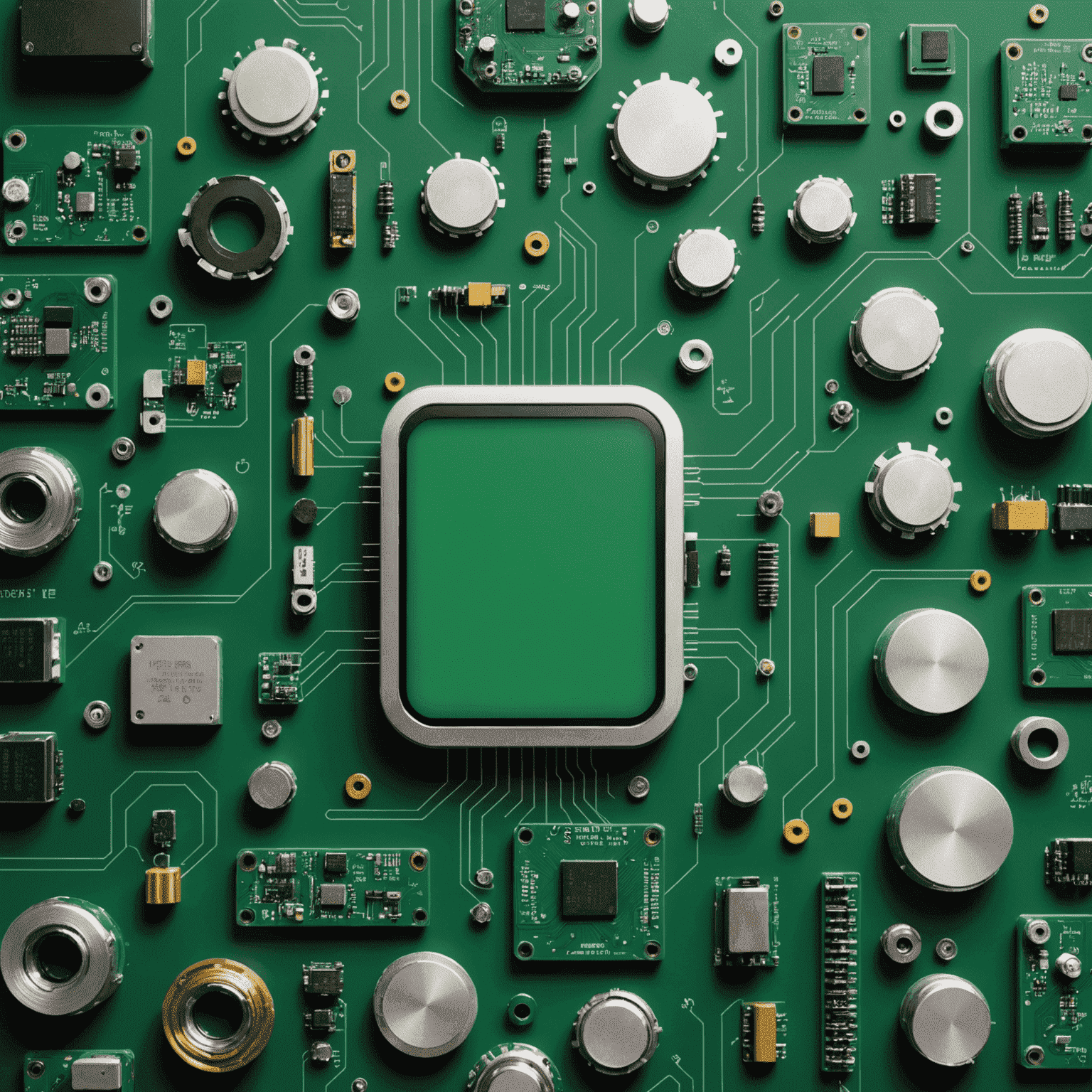 An image showcasing eco-friendly electronic components and manufacturing processes, featuring recycled materials, energy-efficient designs, and green technology symbols.