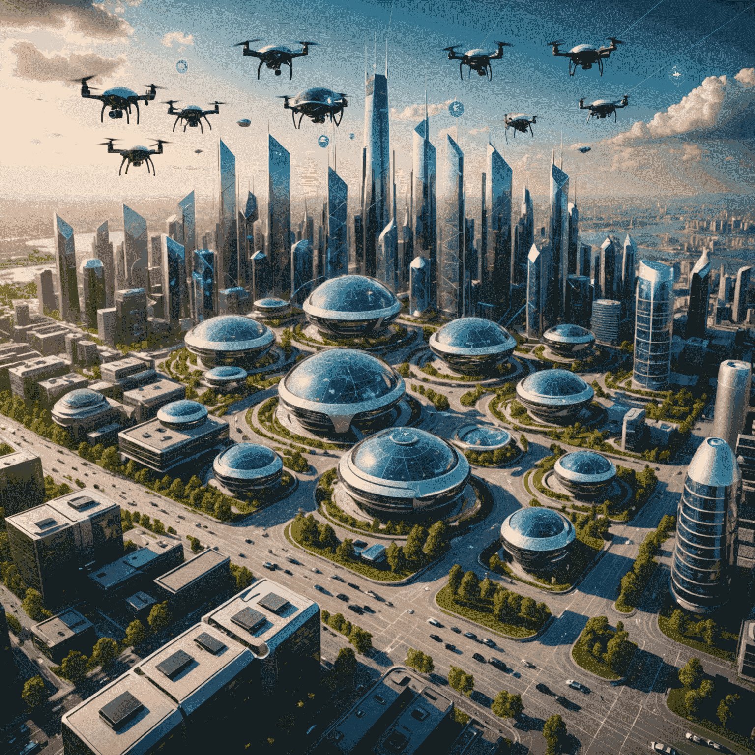 Futuristic smart city concept showing various 5G-enabled technologies like autonomous vehicles, drone deliveries, and interconnected IoT devices