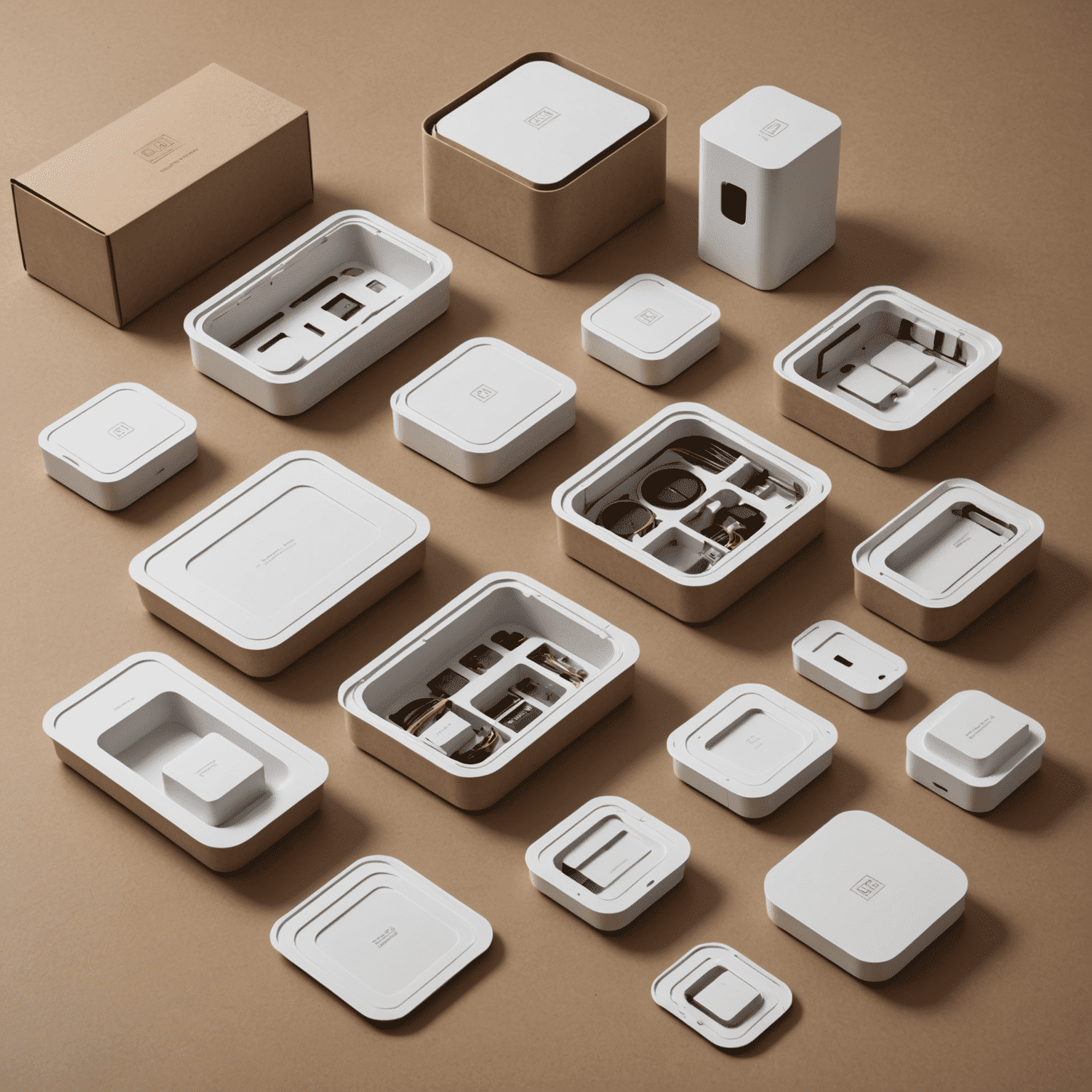 An array of eco-friendly packaging solutions for electronic components, featuring biodegradable materials and minimalist designs