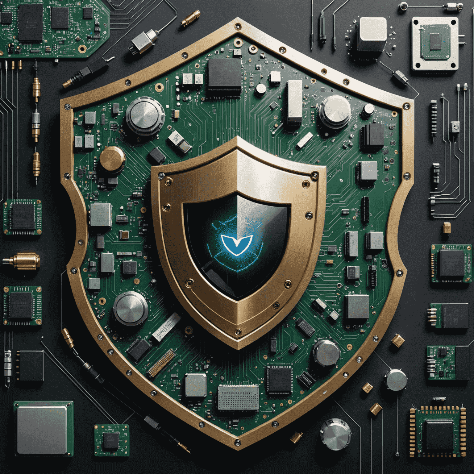 A visual representation of cybersecurity in electronics, showing a shield protecting electronic components from various cyber threats, emphasizing the importance of security in modern technology